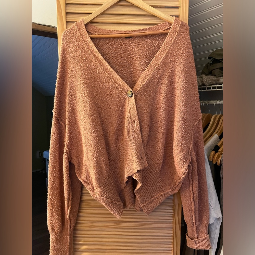 Free People Dusty Rose Bouclé V-Neck Single Button Cardigan